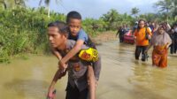 Kapolsek Sepaku, IPTU Syarifuddin, turun langsung ke lokasi banjir dan ikut mengevakuasi warga, bahkan tampak menggendong seorang anak kecil yang terjebak banjir.
