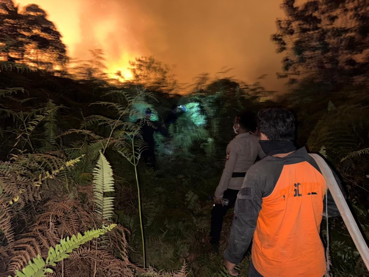 Personel gabungan Satgas Karhutla melakukan pemadaman kebakaran hutan dan lahan di wilayah Kampung Muara Eheng, Kecamatan Damai, Kabupaten Kutai Barat, Jumat (28/8/2026) malam.